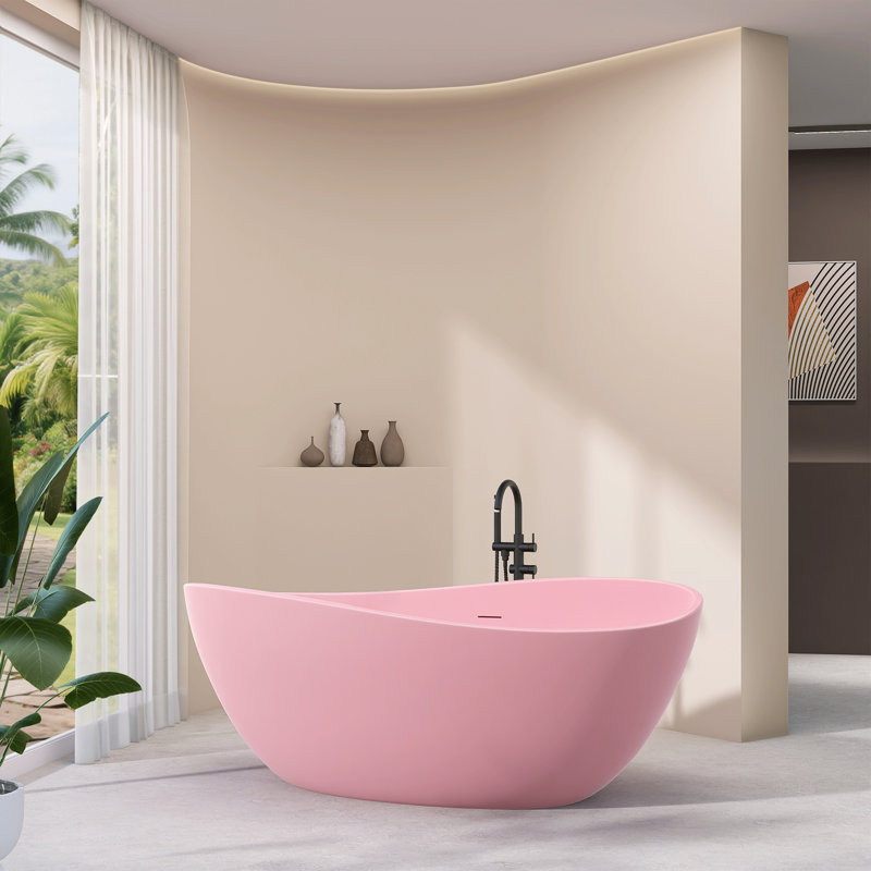 63" Matte Pink Freestanding Acrylic Bathtub Deep Soaking Tub For Bathrooms With Resin Reinforced Construction, Matte Pink