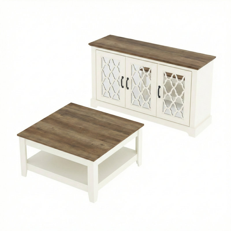 Weddel Basilico 2 Piece Transitional Coordinated Living Room Set, Ivory, Knotty Oak