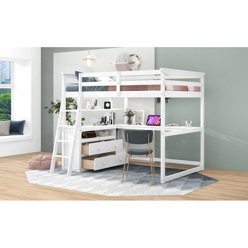Lit mezzanine avec bureau, tablettes et deux tiroirs intégrés, White
