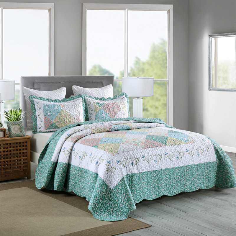 Ensemble de courtepointe imprimée 3 pièces MarCielo B029, Bleu givré, Courtepointe grand + 2 couvre-oreillers standard