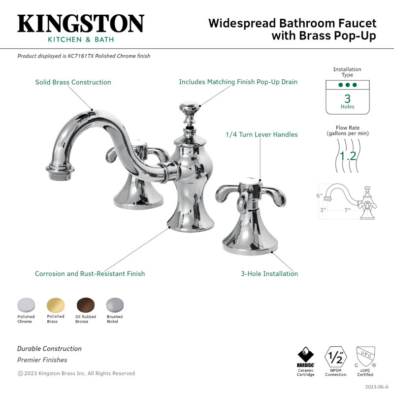 Kingston Brass French Country Two-Handle 3-Hole Deck Mount Widespread Bathroom Faucet with Brass Pop-Up Drain, Brushed Nickel
