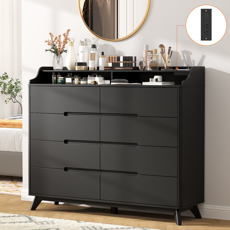 Dresser For Bedroom With 8 Drawers, 55" Large Dresser & Chest Of Drawers With Charging Station, Wood Closet Clothes Storage Tall Dressers Organizer For Bedroom Living Room Hallway, Black
