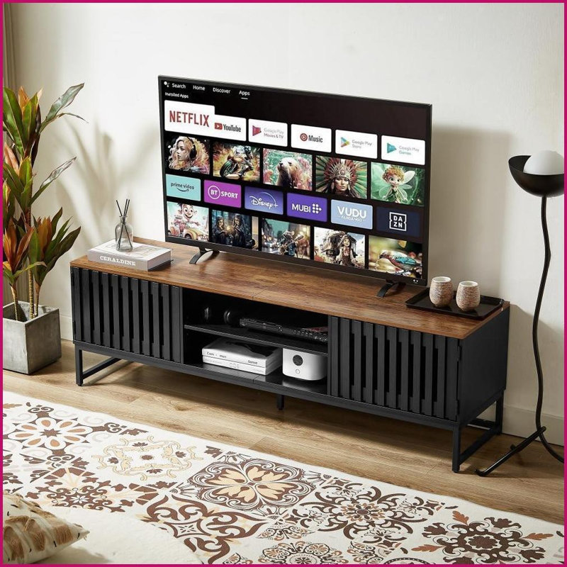 TV Furniture 63” Mid Century Modern Black TV Stand with Storage &amp; Slatted Grille Doors | MDF | TV Size Ranges 60-69 Inches