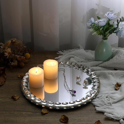 10.6" Medium Round Mirrored Glass Vanity Tray - Colorful Sparkling Crystal Perfume/Makeup/Jewelry Organizer