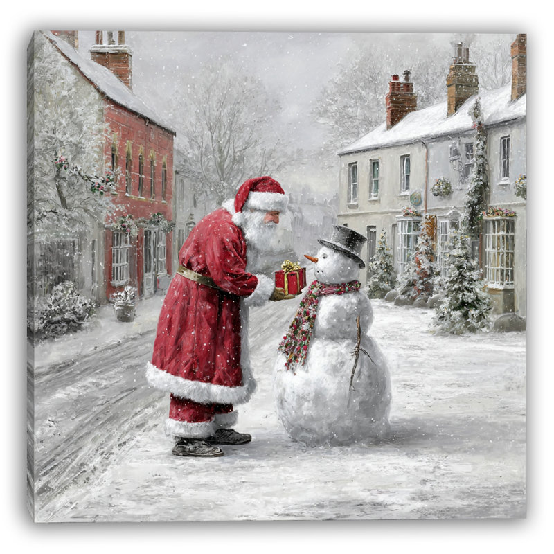 Père Noël partageant un cadeau avec un bonhomme de neige sur toile tendue