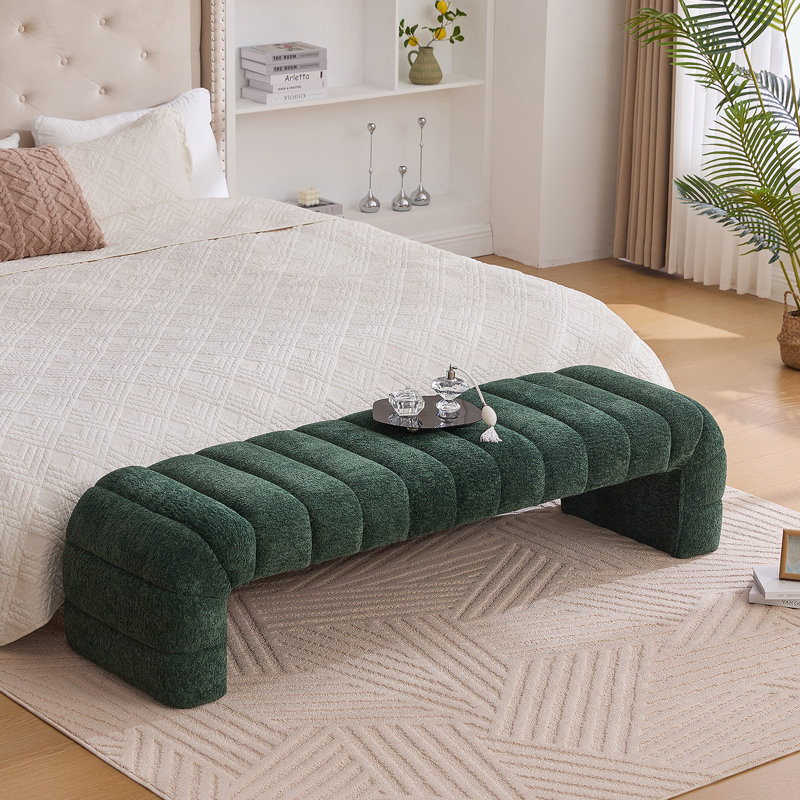 69.7"Wide Modern Upholstered Armless Bed Bench, Channel Tufted Couch Daybed Chaise, Chenille Ottoman Foot Stool For Living Room And Bedroom, Entryway, Green