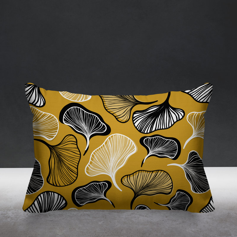 Coussin intérieur / extérieur à motif de feuilles abstraites ngoli, Jaune