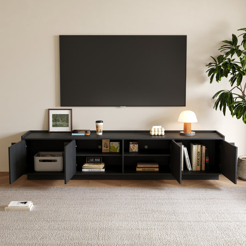 Meuble télé 79 po Mid-Century en bois noir avec 4 armoires de rangement pour le salon, Noir