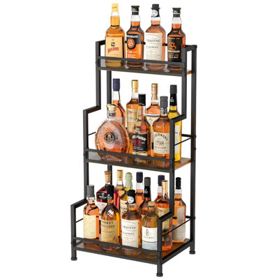 3 Tier Stepped Wine Rack Freestanding Floor For Home Bar, Mini Liquor Cabinet For Whiskey, Wine, Visual Liquor Bottle Display Shelf, Upgraded