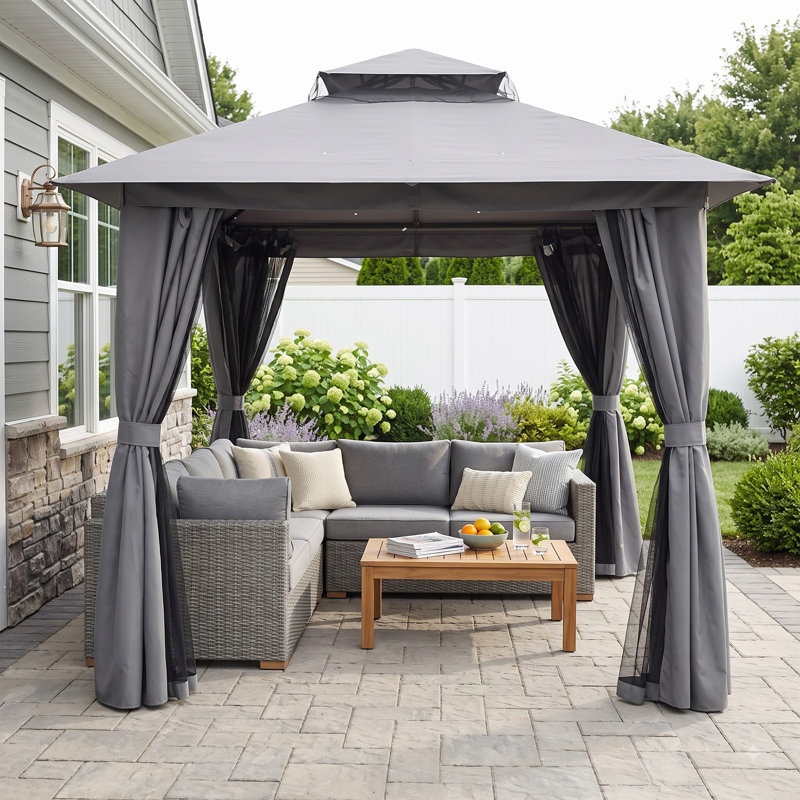 Pavillon de jardin en acier à toit double 8 pi x 8 pi Decksplore, Gris