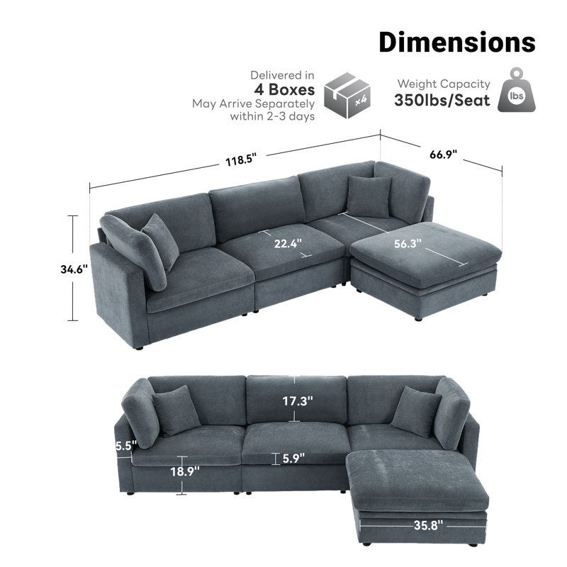 118.5” Oversized Cloud Modular Sectional Down Filled 4-Seater L Shape Sofa, Gray Chenille