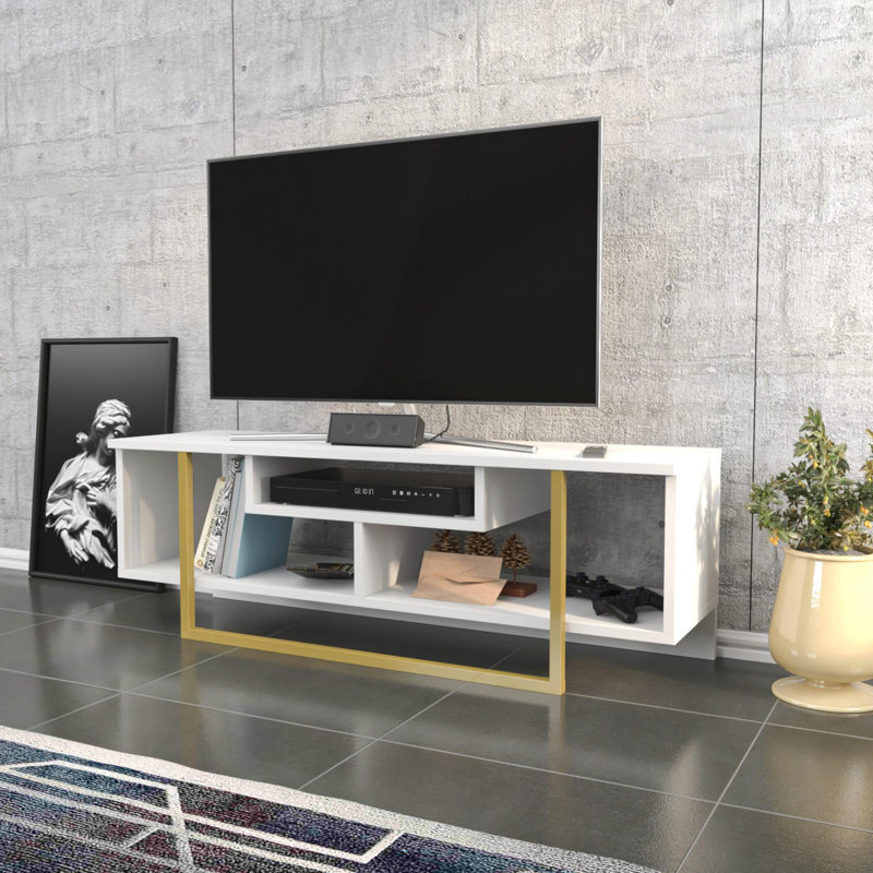 Modern TV Stand with Gold and White Finish, 47.2 x 13.9 x 15.8 inches | 100% Melamine Coated Particle Board, Thickness: 0.7 inches | Stylish, Durable Design for Living Room & Entertainment Spaces, Glam Decor