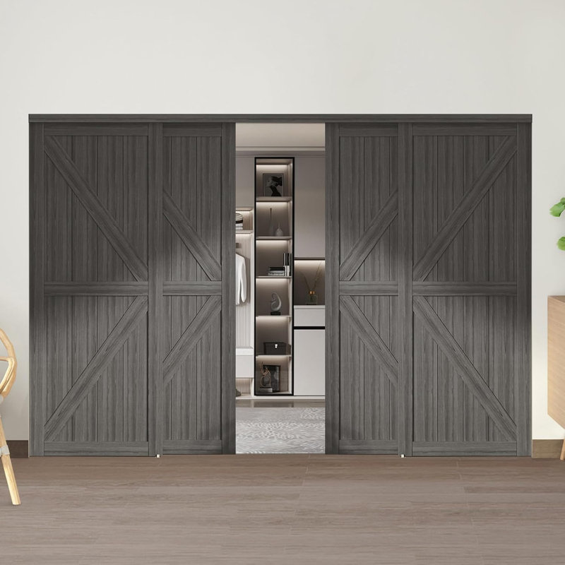 Portes coulissantes en bois manufacturé en forme de K avec trousse de quincaillerie d'installation, 60 po x 80 po, Gris