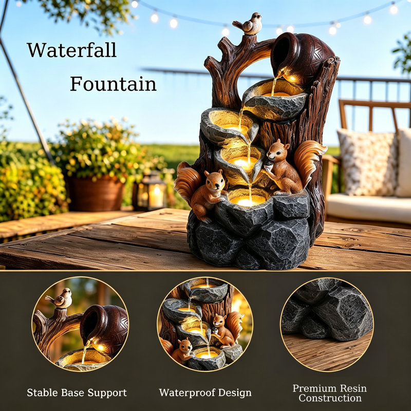 Squirrel Outdoor Water Fountain With Lights, Resin Tree Stump And Pouring Jug For Patio, Yard, And Porch Decor