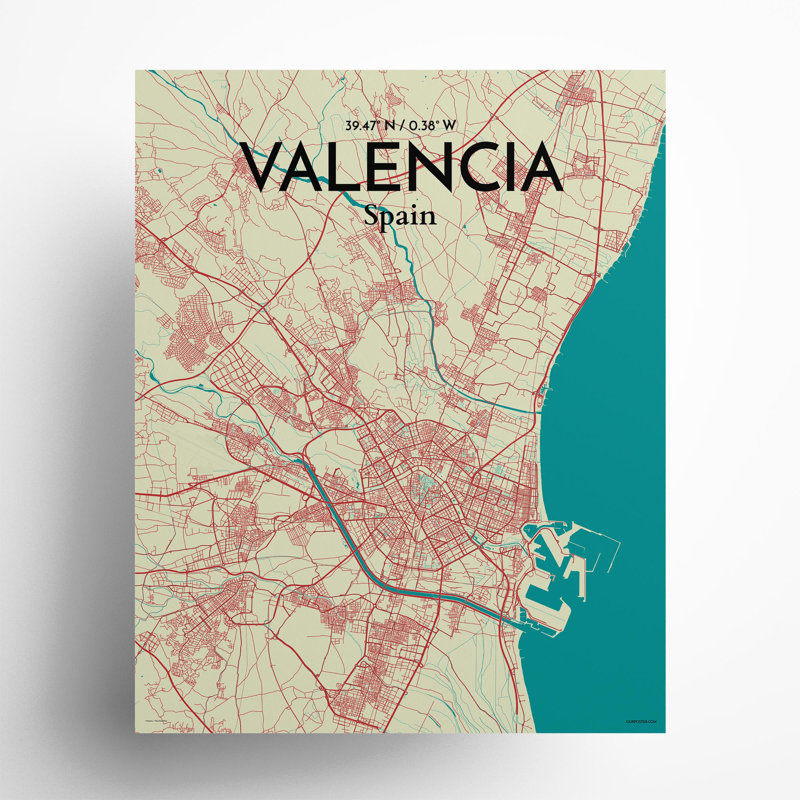 Valencia, carte de la ville, impression, H 20 po x l 16 po, Vert / beige