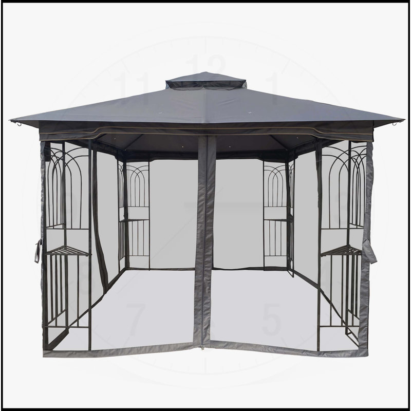 Auvent de patio 10 x 10 avec auvent double toit ventilé et moustiquaire (moustiquaire amovible sur tous les côtés), Gris