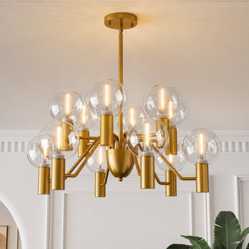 Lustre Ether à 12 lumières, style glamour doré, en forme de roue de chariot, avec globes en verre transparent