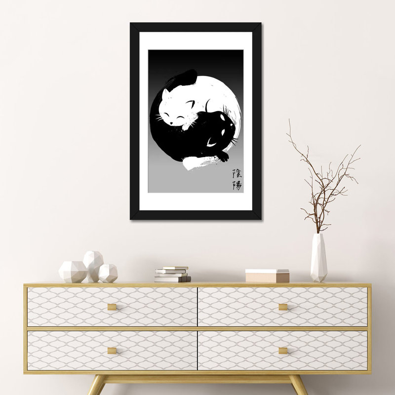 Yin Yang Cats, White, 24" H x 16" W x 1" D, Black Open Corner Framed Paper