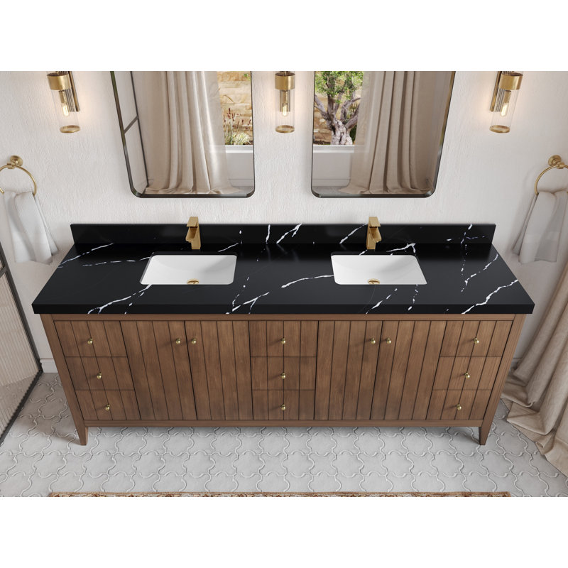 Meuble-lavabo double 84 po avec plateau en quartz Atlanta, Noir Calacatta
