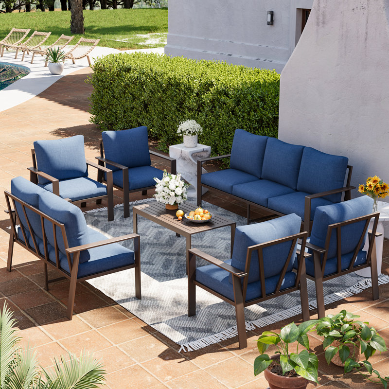 9 Person Sofa Seating Group With Coffee Table, Navy, No