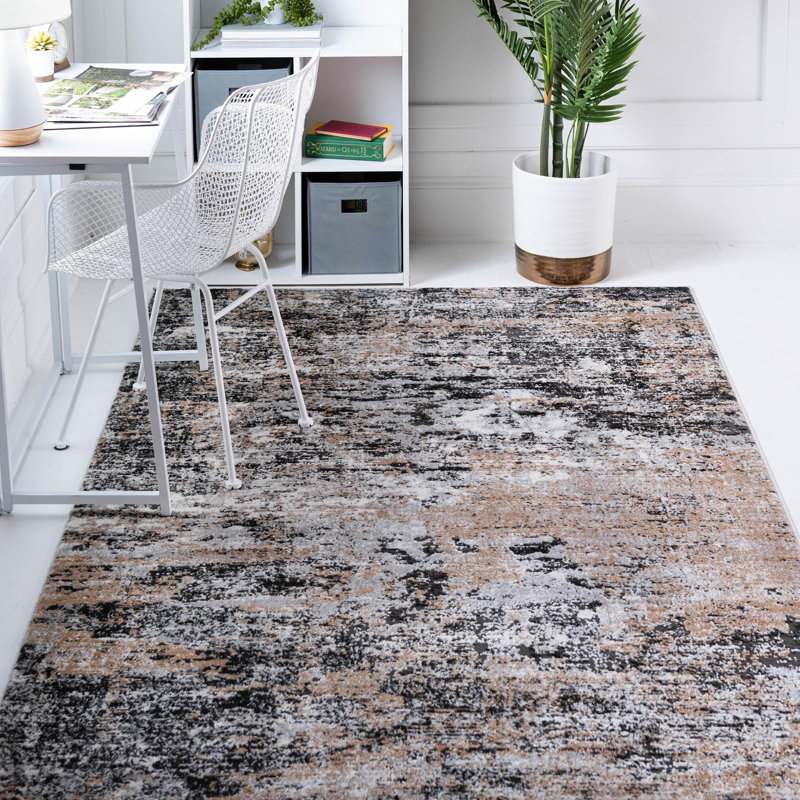 Tapis abstrait en polypropylène tissé à la machine Highdell en brun / noir / blanc, Rectangle 10 pi x 14 pi 1 po