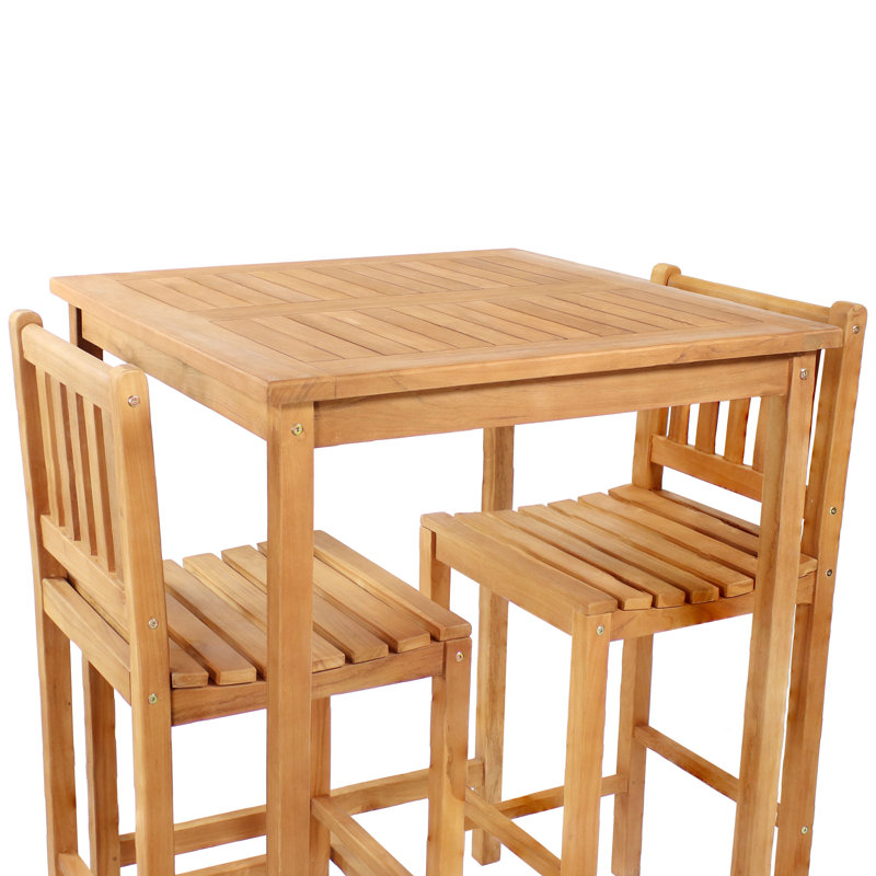 Anjie 3-Piece Teak Wood Bar-Height Patio Dining Table Set