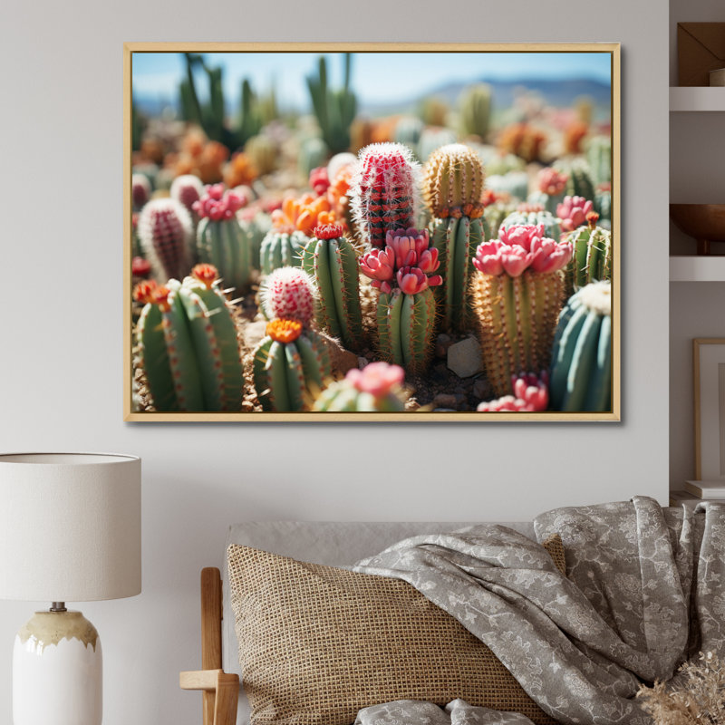 Cactus vert et rose I - décoration murale florale, H 16 po x l 32 po x P 1 po, Cadre naturel flottant