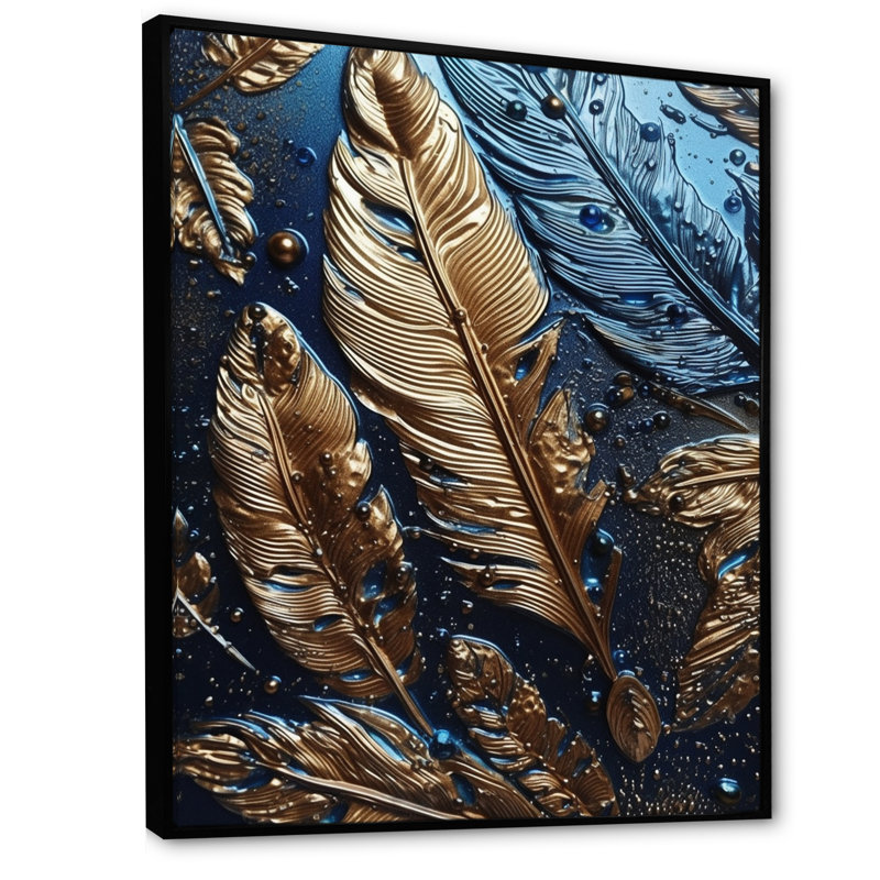 «Misael Gold Feather Glamour I», reproduction sur toile, H 20 po x l 12 po x P 1 po, Cadre flottant noir