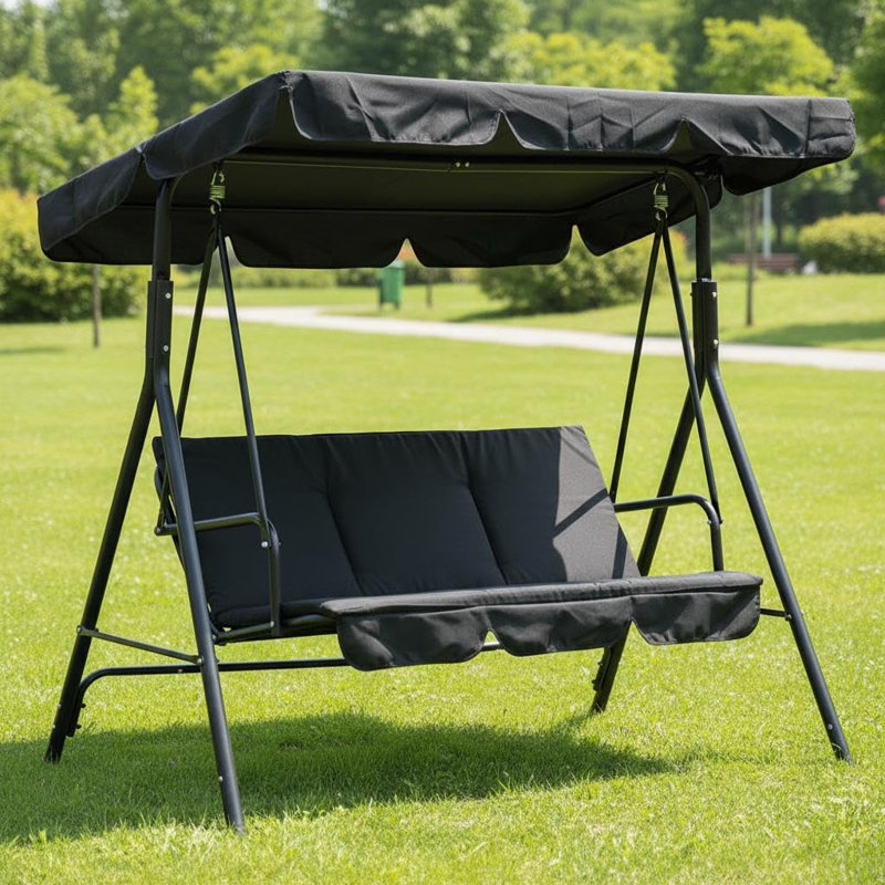 3-Seat Patio Swing Chair, Outdoor Porch Hanging Chairs with Adjustable Canopy and Armrests, Breathable Textilene Fabric Seat & Backrest, Swing Bench for Garden, Poolside, Backyard