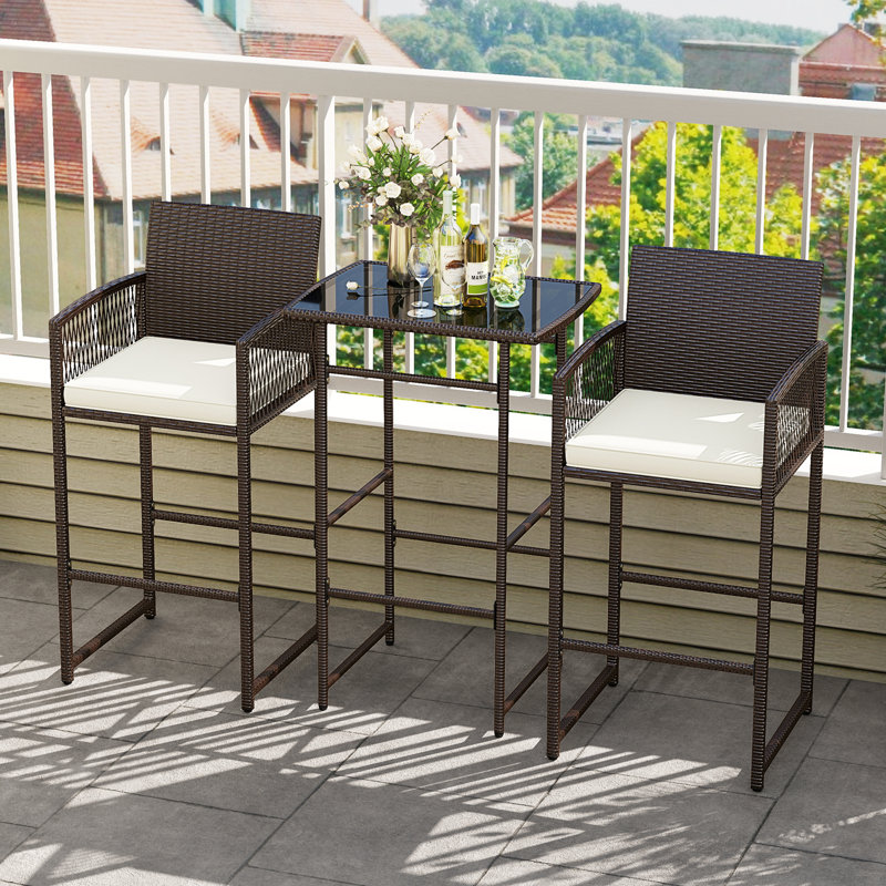 3 PCS Patio Bar Set Wicker Table & Armchairs with  2 Cushions & Glass Tabletop