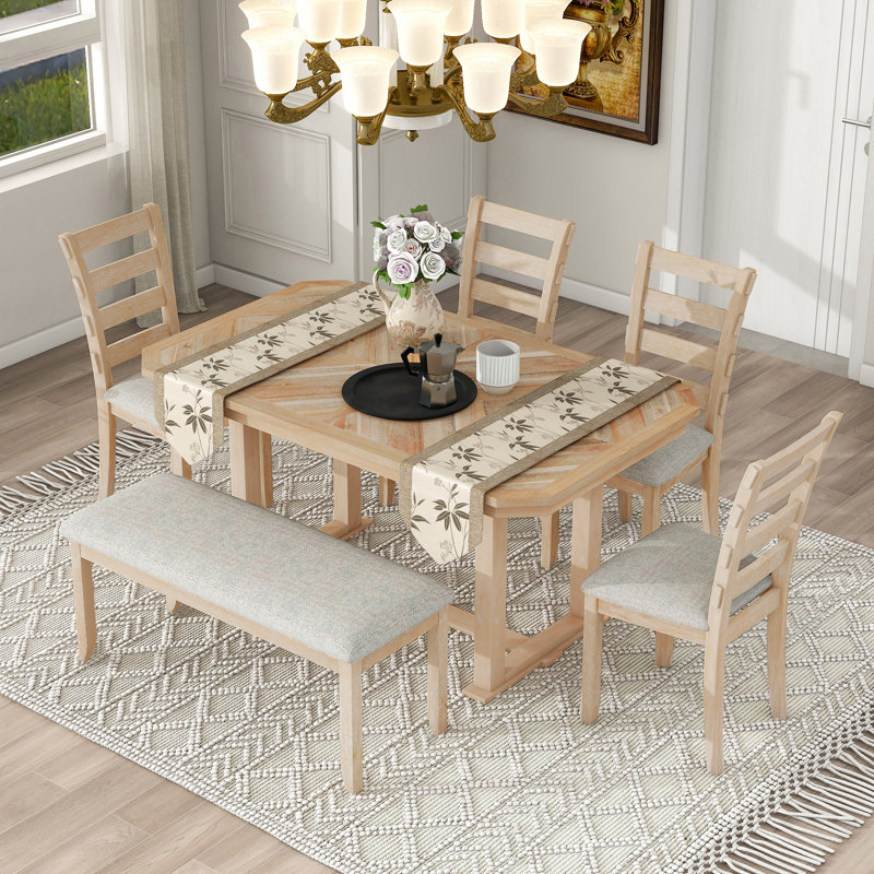 Sarinity 6 - Piece Dining Set, with Bench, Parquet-Pattern Wood Table & Upholstered Seating, Farmhouse Style, Dining Room, Seat up to 6