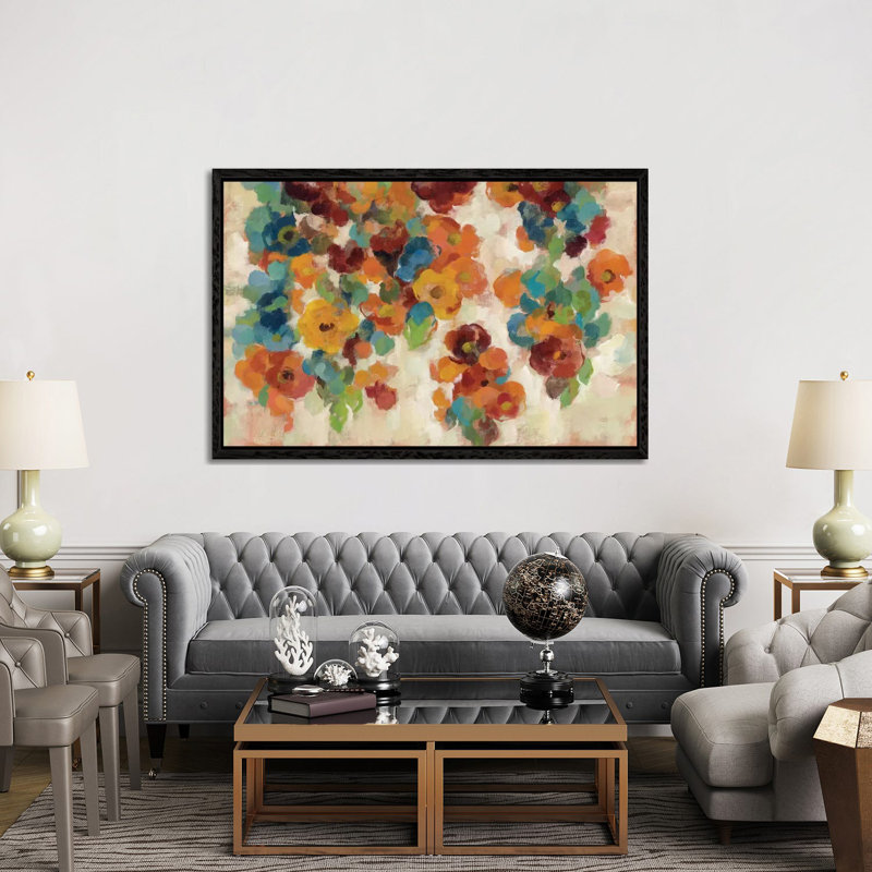 Spice And Turquoise Florals by Silvia Vassileva - Wrapped Canvas Painting, 152.5 cm H x 101.5 cm W, Black Floater Framed