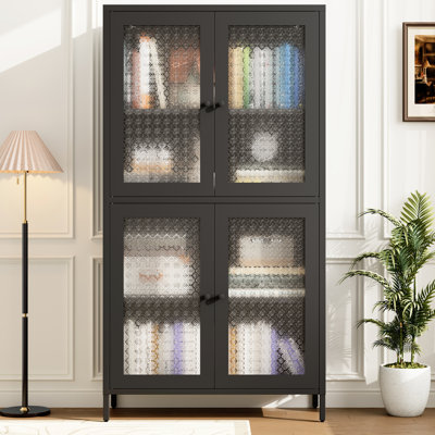 Black Metal Cabinet With 4 Shelves And Tempered Glass Doors - Freestanding For Office, Living Room, Kitchen Modern Chic Storage Pattern Room