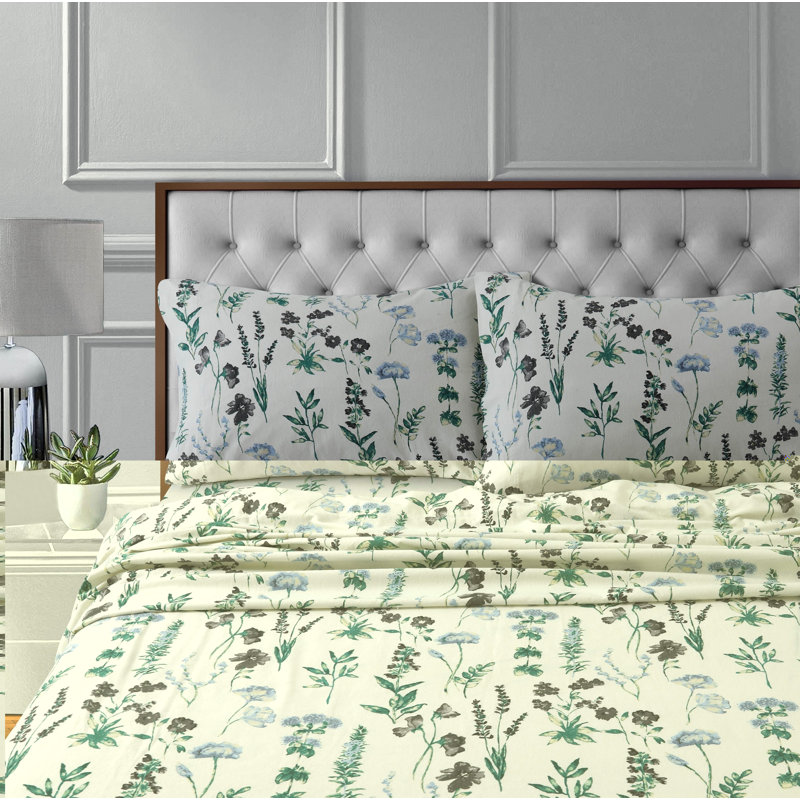 Twin Floral Print Cotton Flannel Deep Pocket Sheet Set
