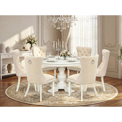 7-Piece Dining Room Table Set 6 Light Beige Upholstered Chairs with Polyester Fabric and Round/Oval shape Table - Linen White Finish.