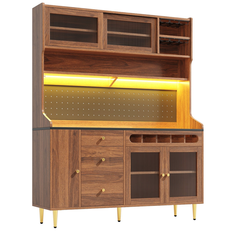 145×39×171cm Walnut Tall Highboard with App USB-Powered LED, Pull-out Wine Rack & Pegboard, Adjustable Shelves Freestanding Storage Cabinet