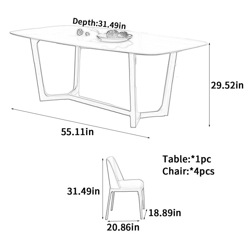 Solid wood dining table and chair set, 29.52"H x 55.11"L x 31.49"W