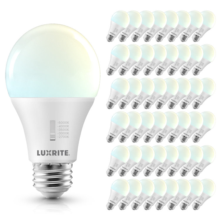 Luxrite A19 LED Light Bulb CRI90, 5CCT Selectable 2700K-5000K, Dimmable, Standard LED Light Bulbs, E26 Title CA20, ETL Listed 48 Pack