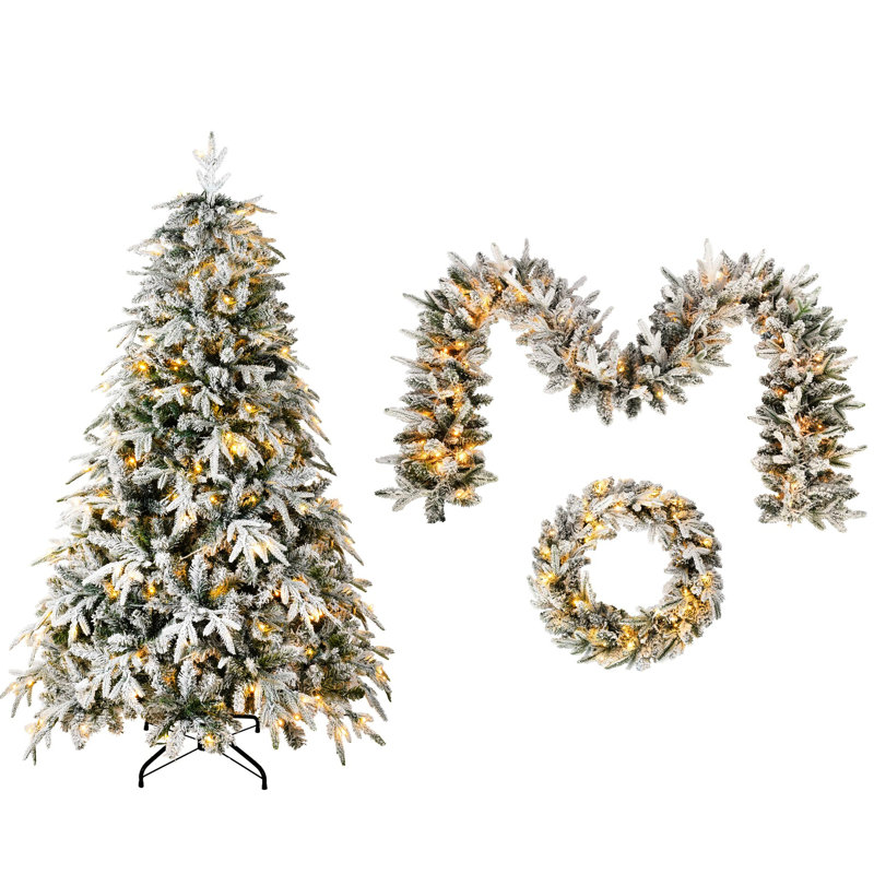 Ensemble de 3 pièces de Noël enneigées enneigées: arbre, avec 370 lumières DEL jaunes chaudes pour s'amuser en famille dans la neige Décor: lumières, météo - Structure