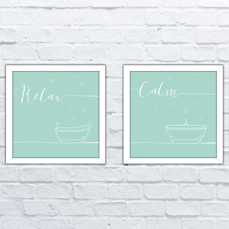 «Underline Bath V Teal» - ensemble de 2 reproductions d'art sur papier encadré, H 16,5 po x l 33 po, Pas de tapis