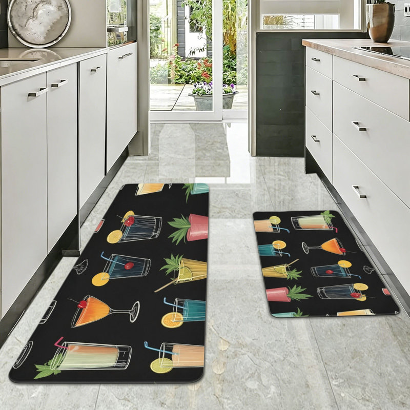 Vintage Cocktail Pattern 2 Pcs Home Decor Kitchen Mats Black
