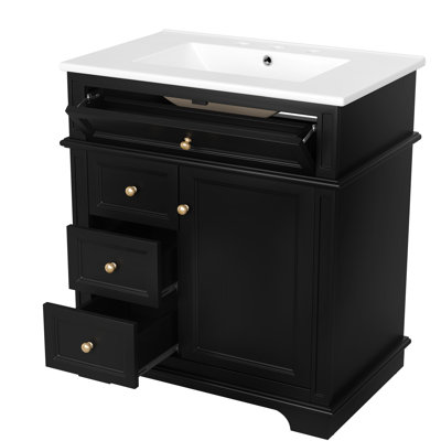 Meuble-lavabo de 30 pouces avec finition noire, lavabo en céramique, un tiroir basculant, trois tiroirs et une tablette de porte