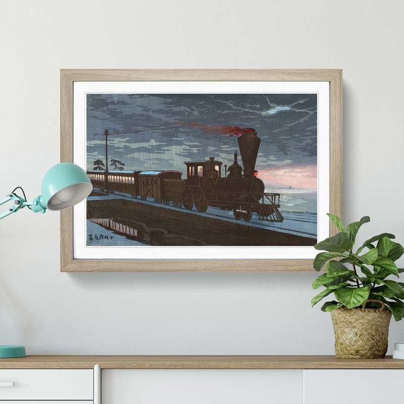 Steam Train in Takanawa by Kobayashi Kiyochika - Picture Frame Art Print on MDF, Oak Framed, 27cm H x 36cm W x 2cm D
