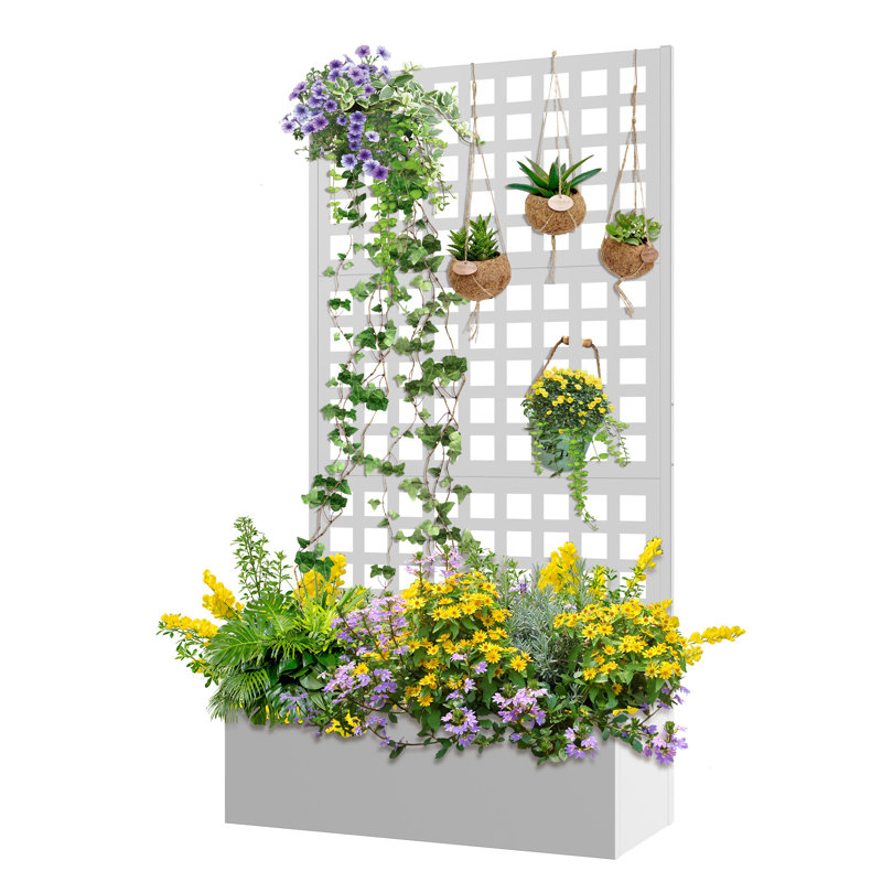 Metal Planter Box with Trellis Planter Trellis for Climbing Plants Vegetable Vines, White, 71'' H X 35'' W X 16'' D