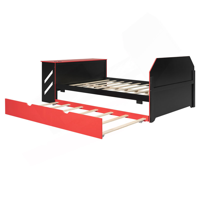 Lit de jour double avec lit gigogne simple, bureau et port USB, Rouge