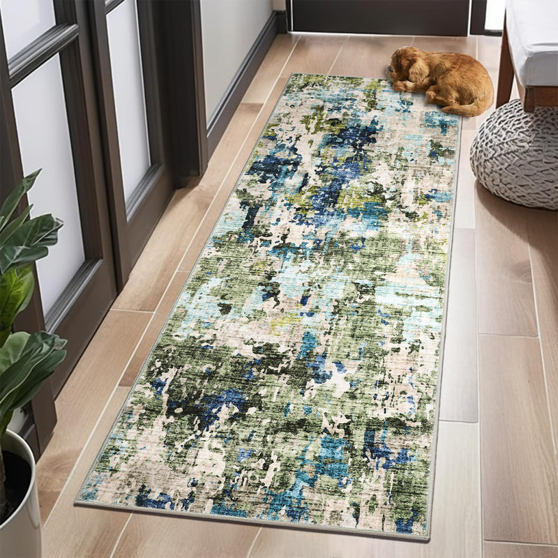 Modern Low Pile Washable Area Rug - Soft, Non-Slip, Collapsible Carpet - Mark Resistant, Easy Care Floor Mat for Living Room, Bedroom, Nursery - Pet & Child Friendly - Blue Grey Abstract Design