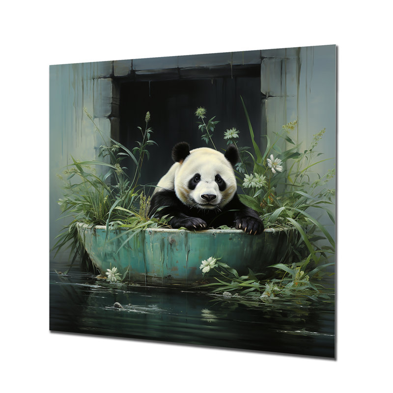 «Green Tranquil Panda Bath I», art mural en métal animal corbeau, H 16 po x l 16 po