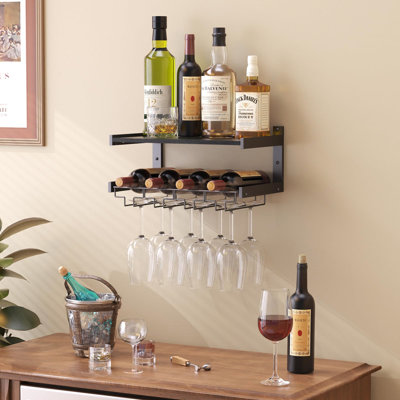 Solid Wood and Iron Wine Bottle & Glass Rack in Black and Brown