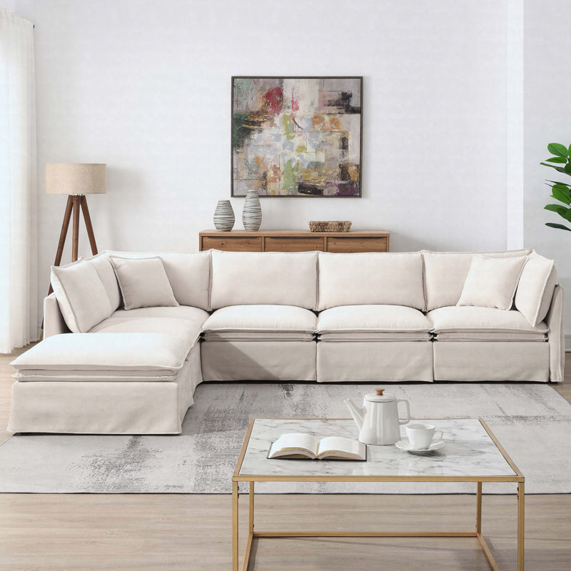 Canapé modulaire en chenille surdimensionné 125,5 po à 6 sièges avec repose-pieds mobile 125,5 po, Blanc cassé