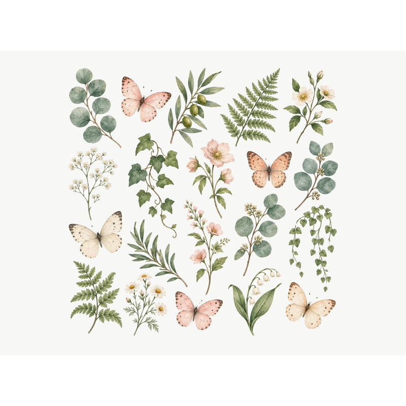 Botanical Butterfly Wall Decals, Set of 25 Peel and Stick Nursery Wall Stickers, Satin Finish Removable Kids Room Wall Art, 20"W x 20"H (50 x 50 cm)
